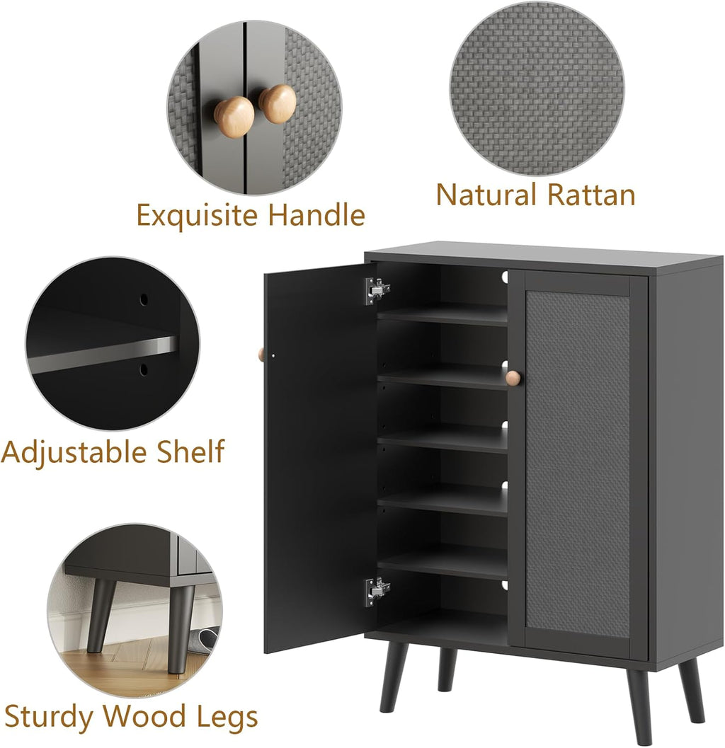 Loomie Rattan Shoe Cabinet, 6-Tiers Shoe Storage Cabinet for Entryway Hallway, 2 Door Accent Cabinet with Adjustable Shelves, 44" H Tall Sideboard Storage Cabinet Closet Living Room (Black)