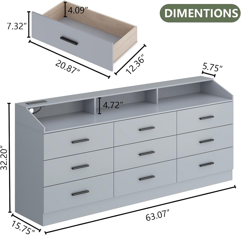 9 Drawer Dresser with Power Outlet, Chest of Drawers with LED Light