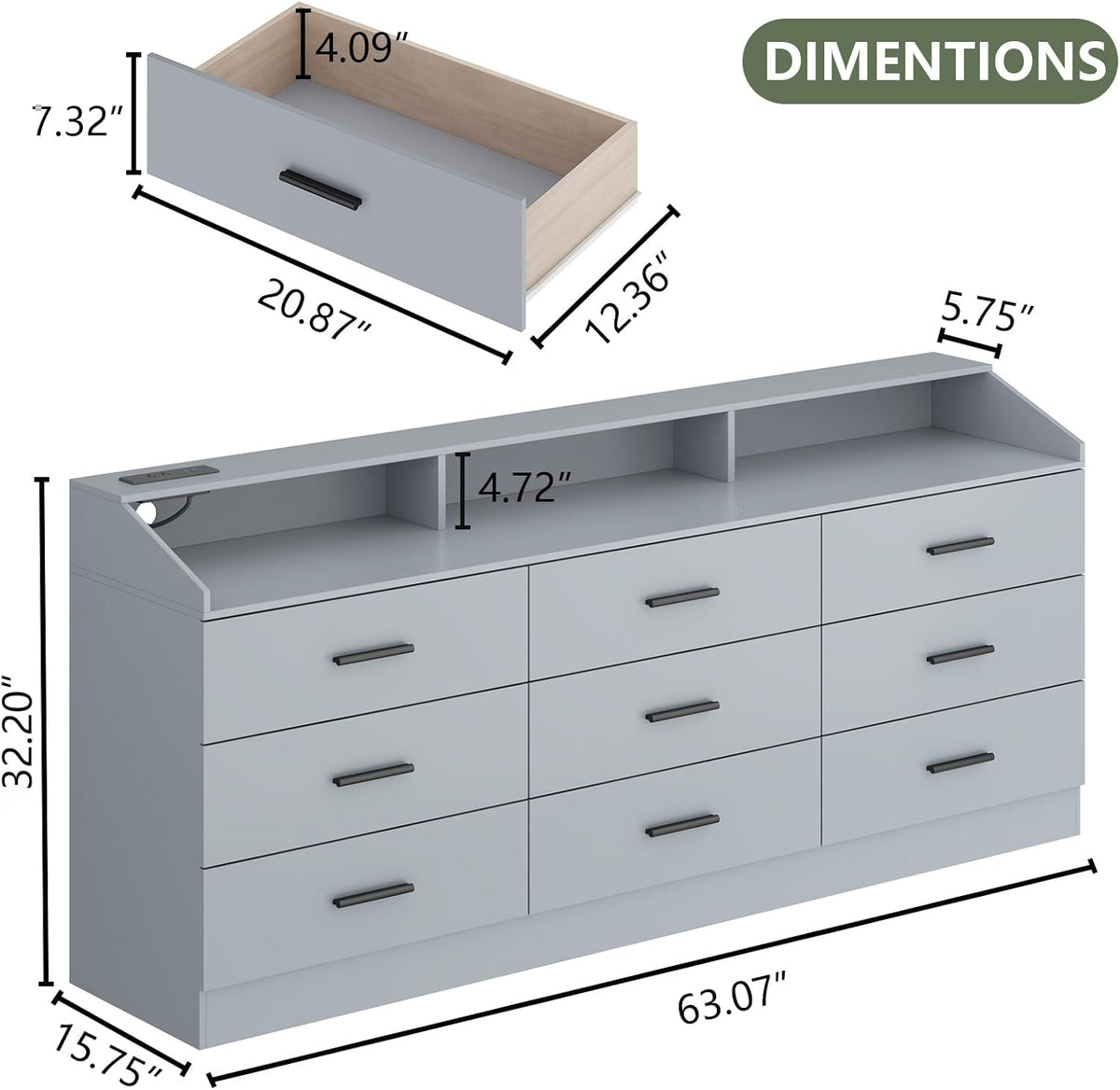 9 Drawer Dresser with Power Outlet, Chest of Drawers with LED Light