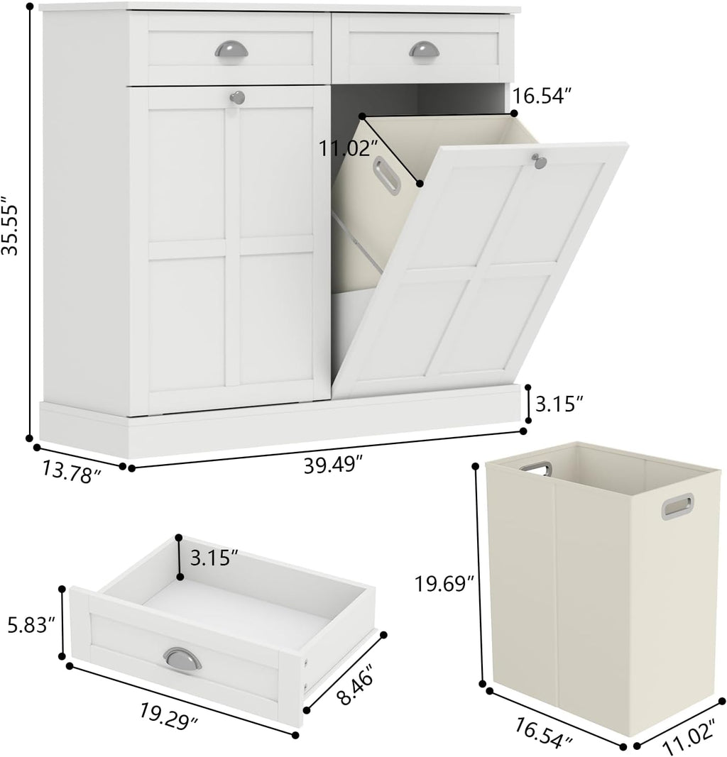 Loomie Double Tilt Out Laundry Hamper Cabinet, Hidden Laundry Cabinet with 2 Drawers & 2 Baskets, 30 Gallon Trash Can for Bathroom, Kitchen, White