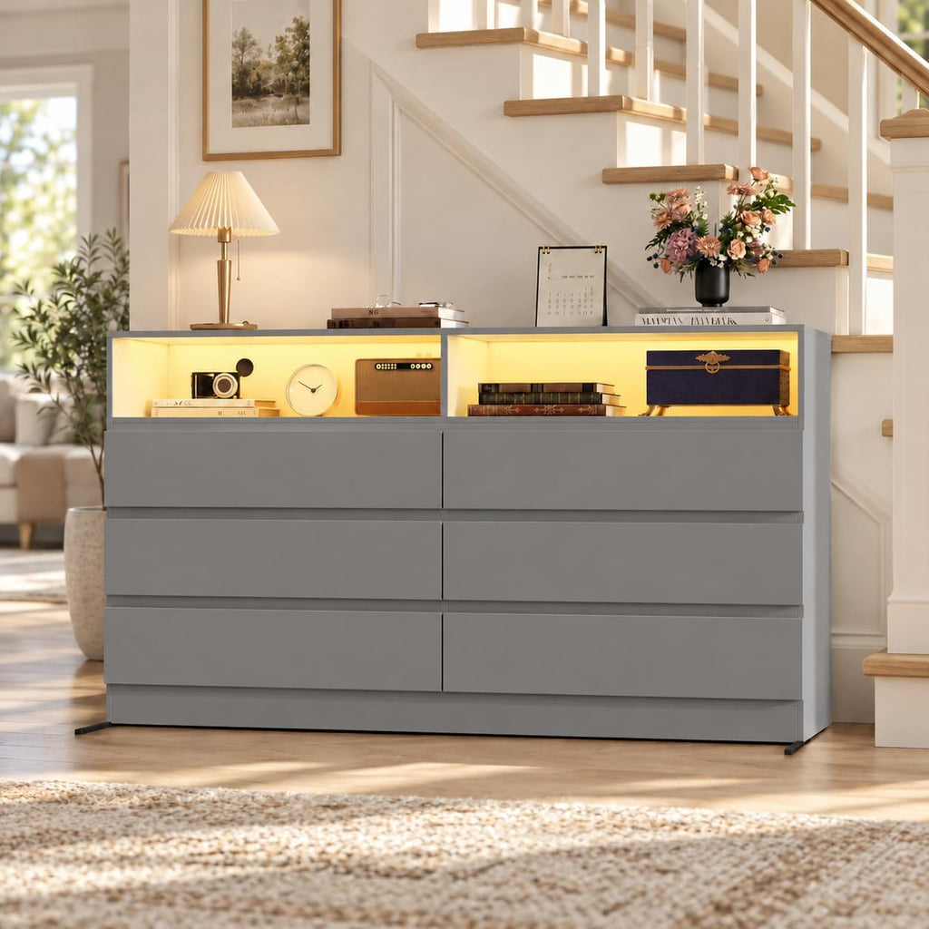 Loomie 6 Grey Drawer Dresser for Bedroom w/Charging Station & LED Lights