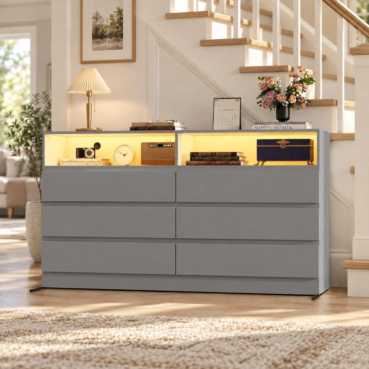 Loomie 6 Grey Drawer Dresser for Bedroom w/Charging Station & LED Lights