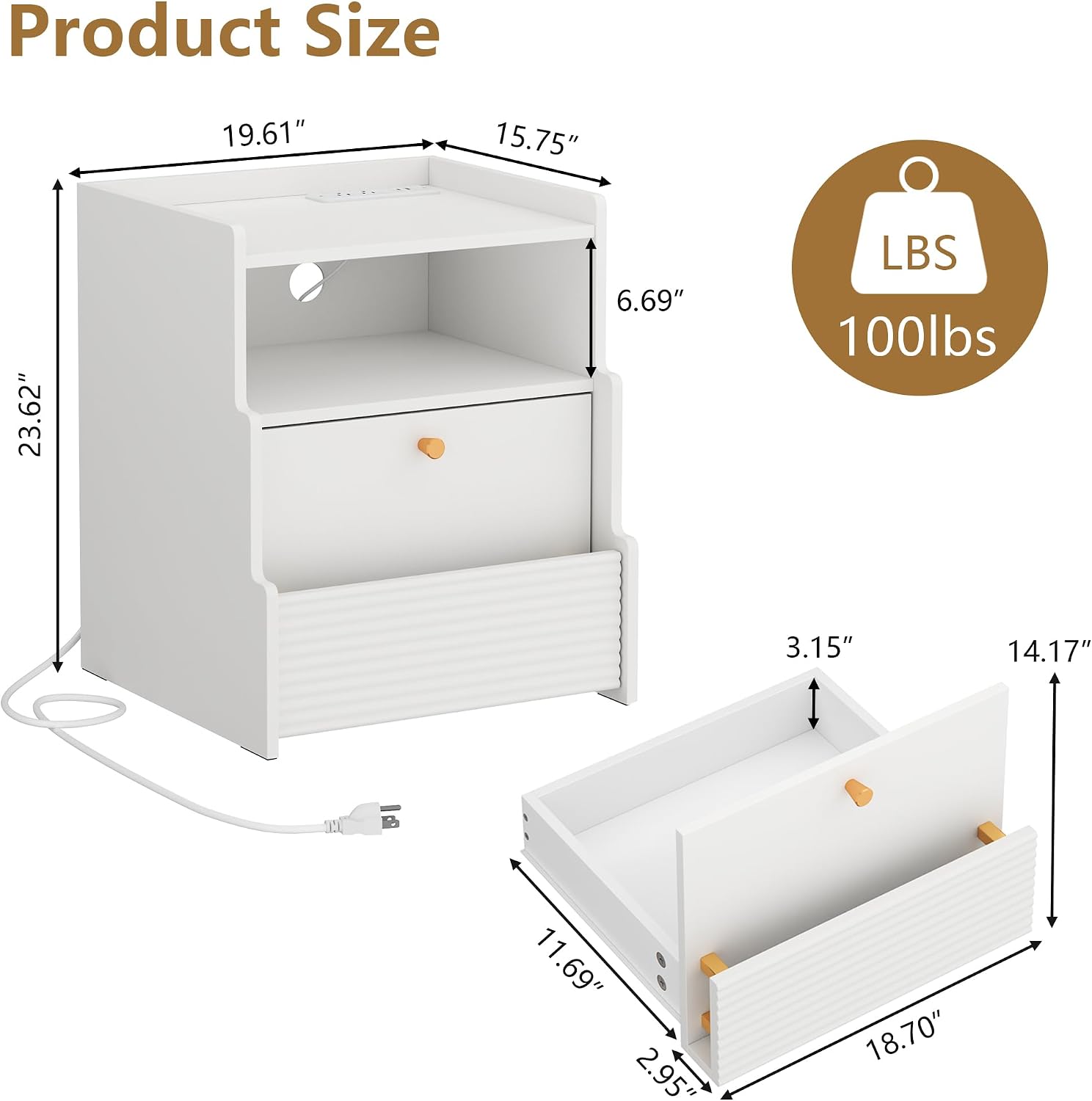 Fluted Nightstand with Charging Station, Modern Bedside Table with LED Lights & Drawers, End Table with Open Compartment for Bedroom, White