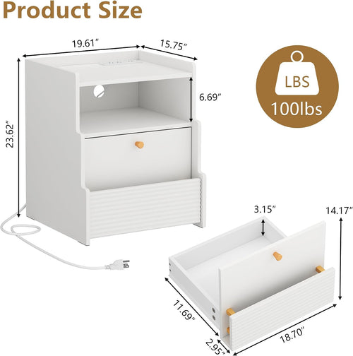 Fluted Nightstand with Charging Station, Modern Bedside Table with LED Lights & Drawers, End Table with Open Compartment for Bedroom, White