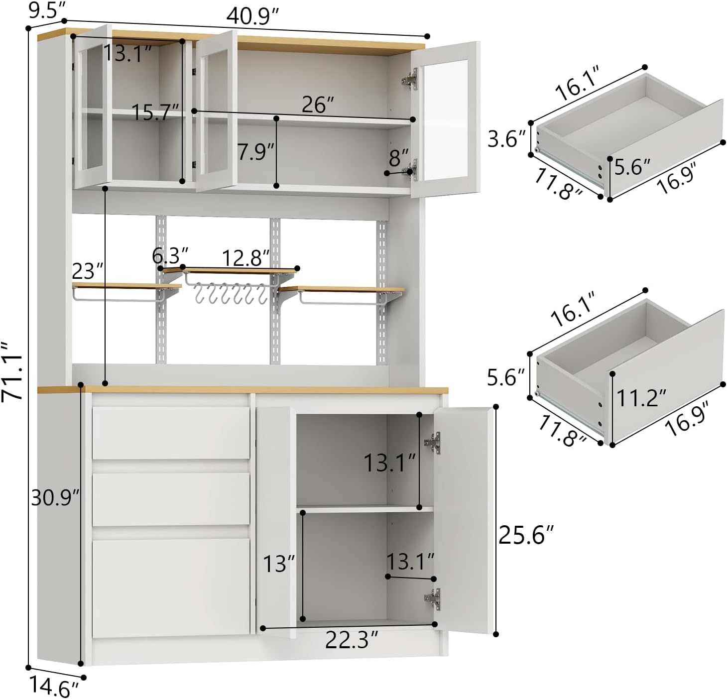 Loomie 71" Tall Kitchen Pantry Storage Cabinet, Large Kitchen Hutch with Glass Doors & 3 Drawers, Freestanding Buffet Cabinet with Adjustable Shelves, Food Pantry for Dining Room, White (White)