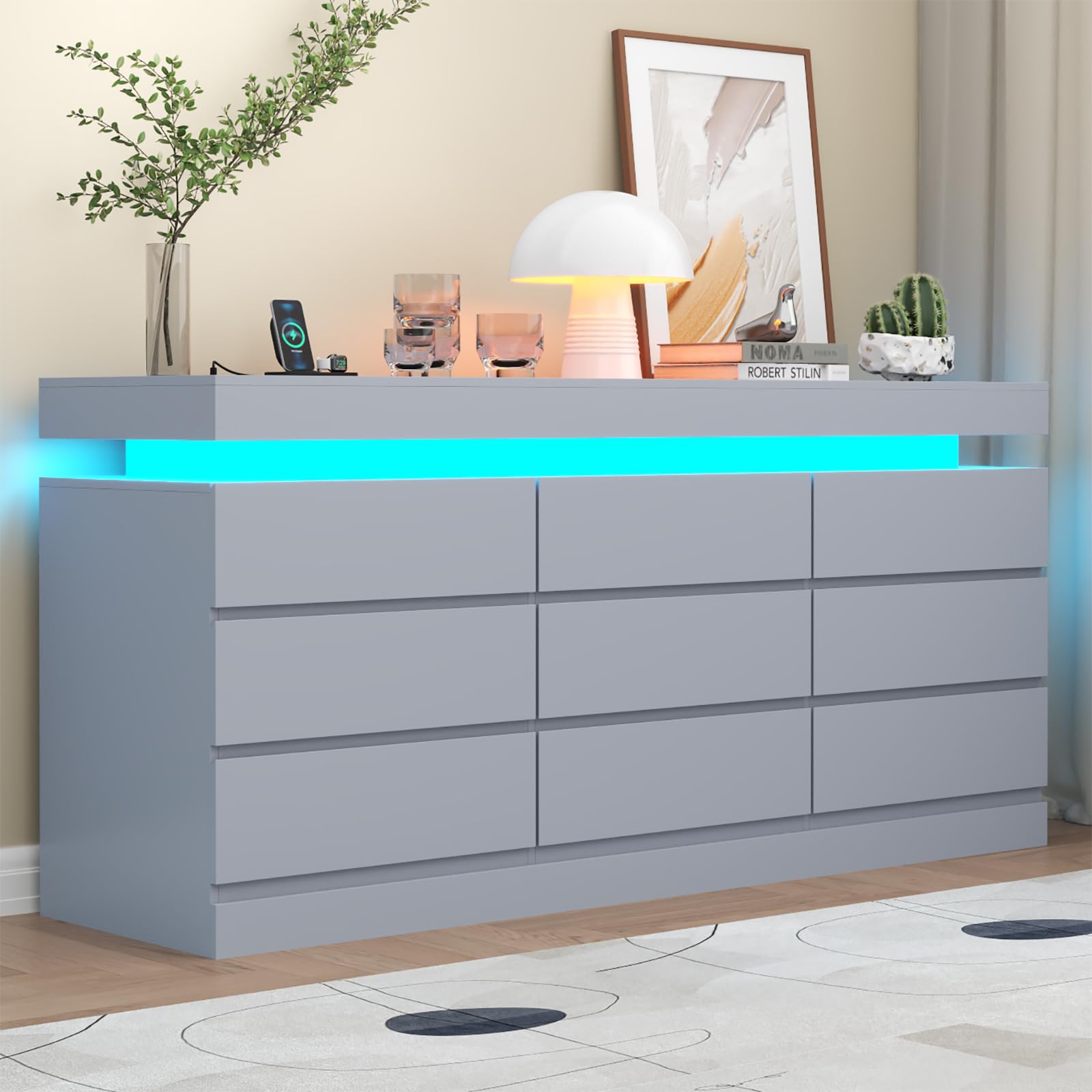 Gyfimoie 9 Drawer Dresser with Power Outlet, Dresser with LED Light, Modern Chest of Drawers for Closet, Double Wide Drawer Organizer Cabinet for Bedroom, Living Room (White, 9 Drawers)