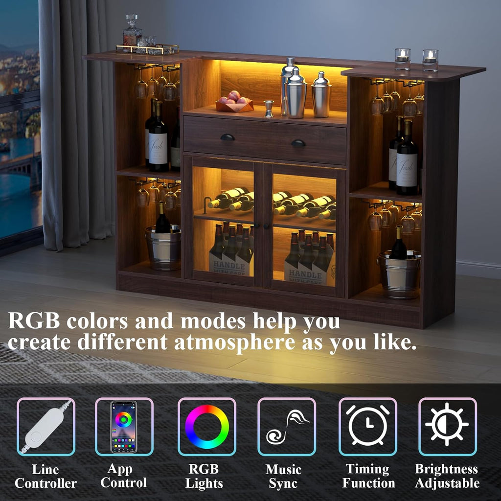 Loomie Bar Table Cabinet with LED &amp; Drawer,Mini Liquor Bar with 8-Tier Storage&amp;Stemware Holder