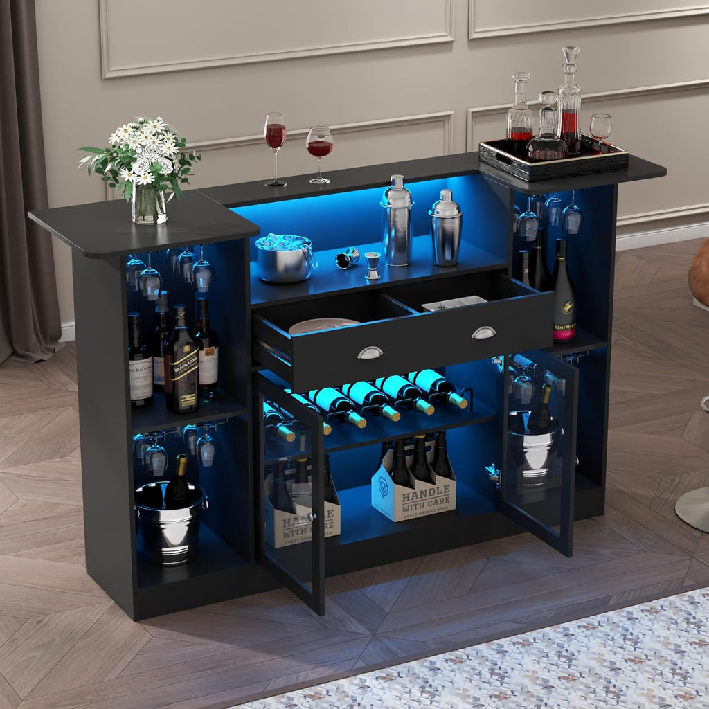 Loomie Bar Table Cabinet with LED &amp; Drawer,Mini Liquor Bar with 8-Tier Storage&amp;Stemware Holder