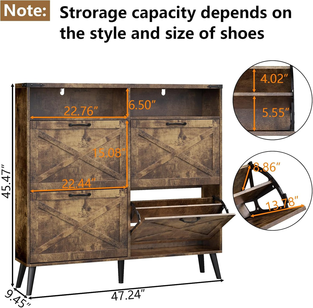 Loomie Shoe Cabinet with 4 Flip Drawers, Farmhouse Shoe Storage Cabinet with 2 Open Cubbies, Freestanding Narrow Hidden Shoe Rack Organizer with Solid Wood Legs for Entryway, Hallway (Rustic Brown)
