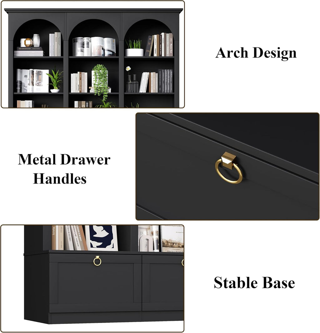 71" Triple Bookshelf with Doors, 5 Tier Tall Bookshelf with Cabinet , Large Book Shelf w/ 12 Adjustable Open Display Shelves & Anti-Tipping, 63" Wide Arched Bookcase for Living Room, Study, Black