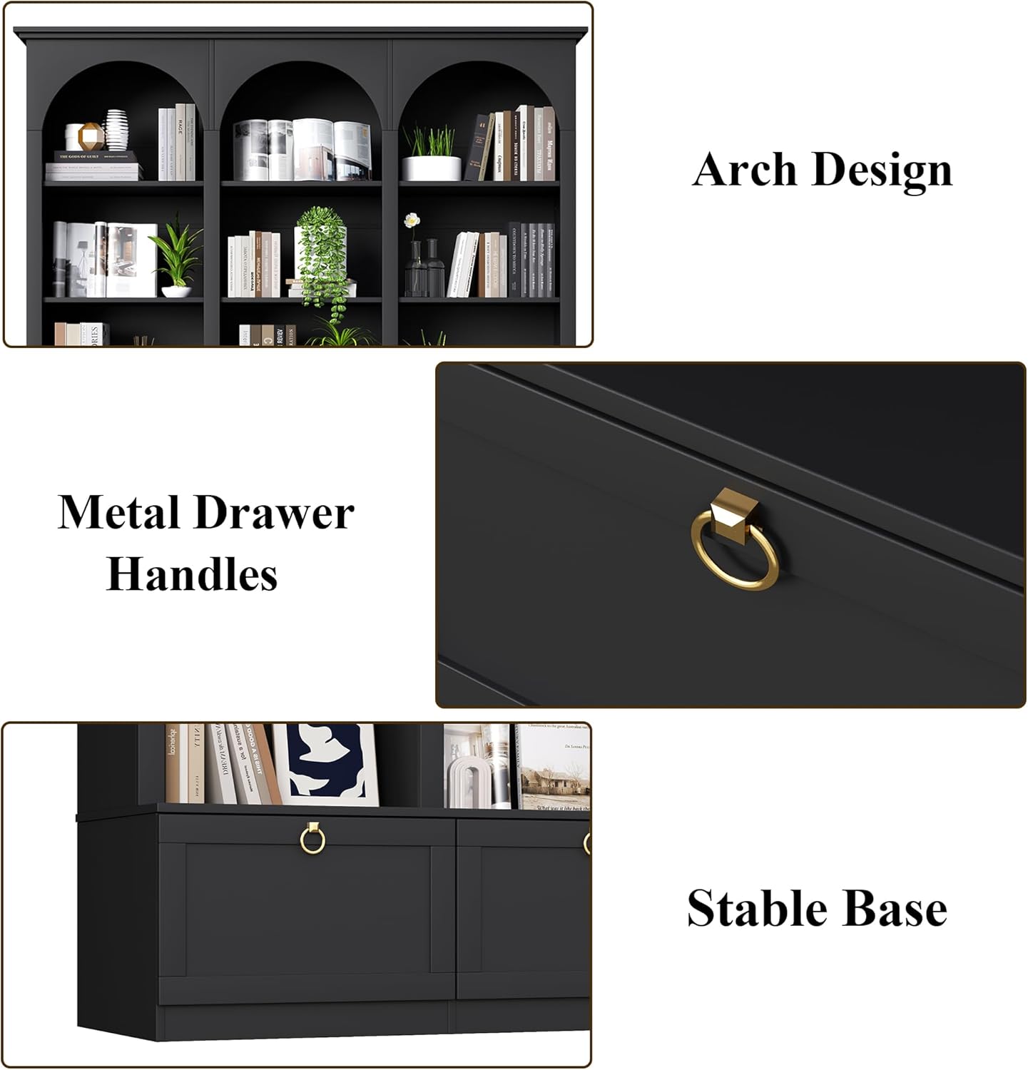 71" Triple Bookshelf with Doors, 5 Tier Tall Bookshelf with Cabinet , Large Book Shelf w/ 12 Adjustable Open Display Shelves & Anti-Tipping, 63" Wide Arched Bookcase for Living Room, Study, Black