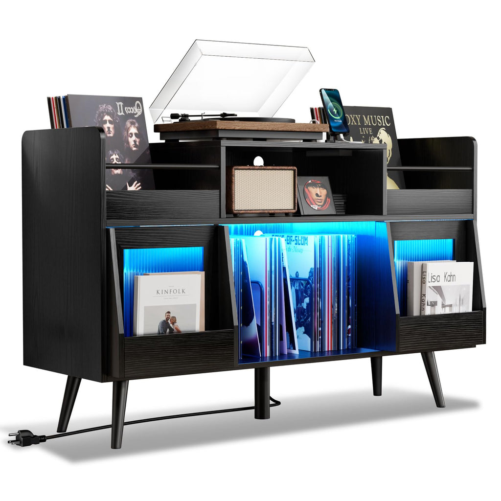 Large Record Player Stand -Turntable Stand Shelf w/Power Outlet & LED Light