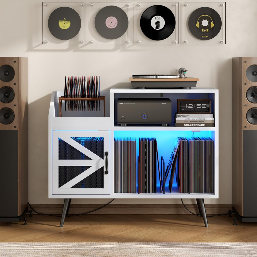 Large White Record Player Stand with Magnetic Door,350 Vinyl Record Storage Cabinet, Record Player Table with Power Outlet and LED Light,Turntable Stand with Wood Legs for Living Room