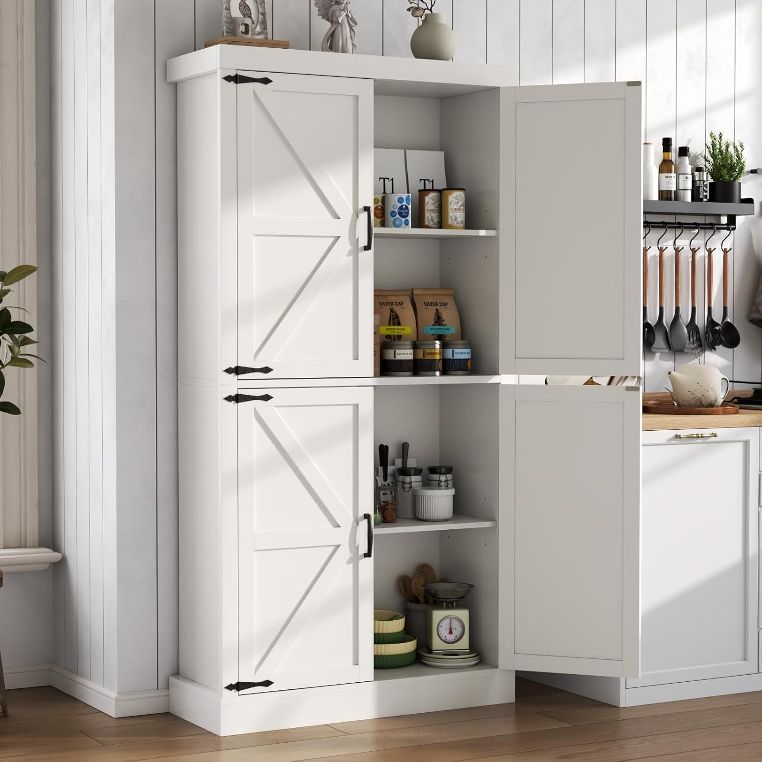 Farmhouse Kitchen Pantry Cabinet,69.1" Tall Kitchen Storage Cabinet with Adjustable Shelves,Modern Bathroom Storage Cabinets,Freestanding Floor Cabinets Cupboard for Living Room,Dining Room (White)