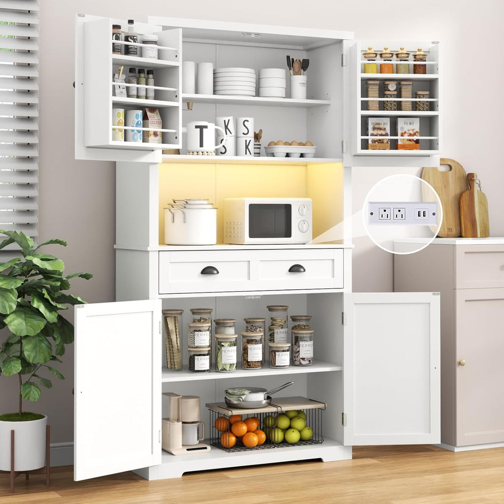 Loomie 72" Farmhouse Kitchen Pantry Cabinet With LED, Operation Table & Power Outlet, Tall Storage With Drawer, Adjustable Shelves for Dining Room (White)