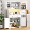 Loomie 72" Farmhouse Kitchen Pantry Cabinet With LED, Operation Table & Power Outlet, Tall Storage With Drawer, Adjustable Shelves for Dining Room (White)