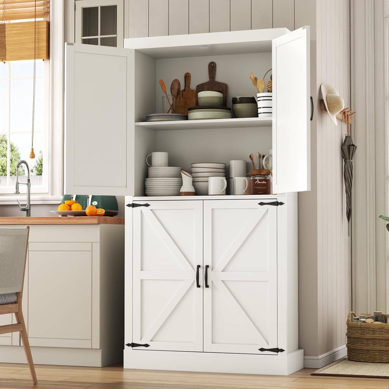 Farmhouse Kitchen Pantry Cabinet,69.1" Tall Kitchen Storage Cabinet with Adjustable Shelves,Modern Bathroom Storage Cabinets,Freestanding Floor Cabinets Cupboard for Living Room,Dining Room (White)