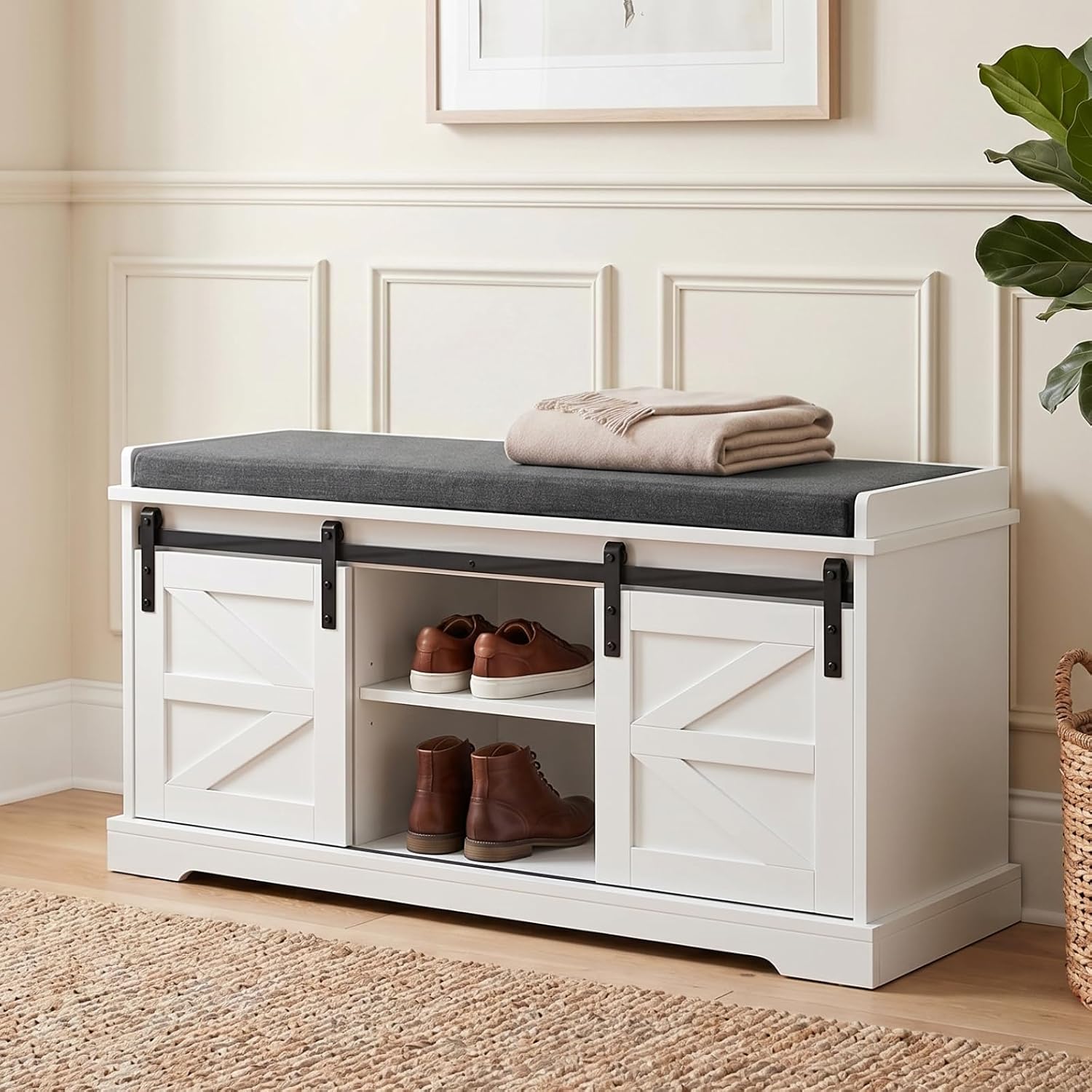 Loomie Shoe Storage Bench, 2-Tier Farmhouse Entryway Bench with Sliding Barn Door Storage Cabinets & Full Soft Removable Seat Cushion, Silm Shoe Rack with Shoe Cabinet for Entryway, Hallway, Bedroom