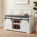 Loomie Shoe Storage Bench, 2-Tier Farmhouse Entryway Bench with Sliding Barn Door Storage Cabinets & Full Soft Removable Seat Cushion, Silm Shoe Rack with Shoe Cabinet for Entryway, Hallway, Bedroom