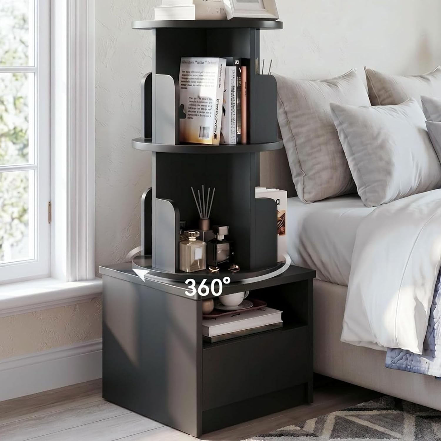 Loomie 39" Tall Nightstand with Drawer, Black Night Stand with 2 Tier Rotating Bookshelf, Bedside Table with Open Storage Shelf, End Side Table for Bedroom