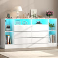 Loomie 6 Drawers Dresser with 6 Open Storage Cubbies, LED Dressers & Chests of Drawers with Power Outlet, 55" Wide Long Dresser for Bedroom, TV Stand with Open Shelf (White)