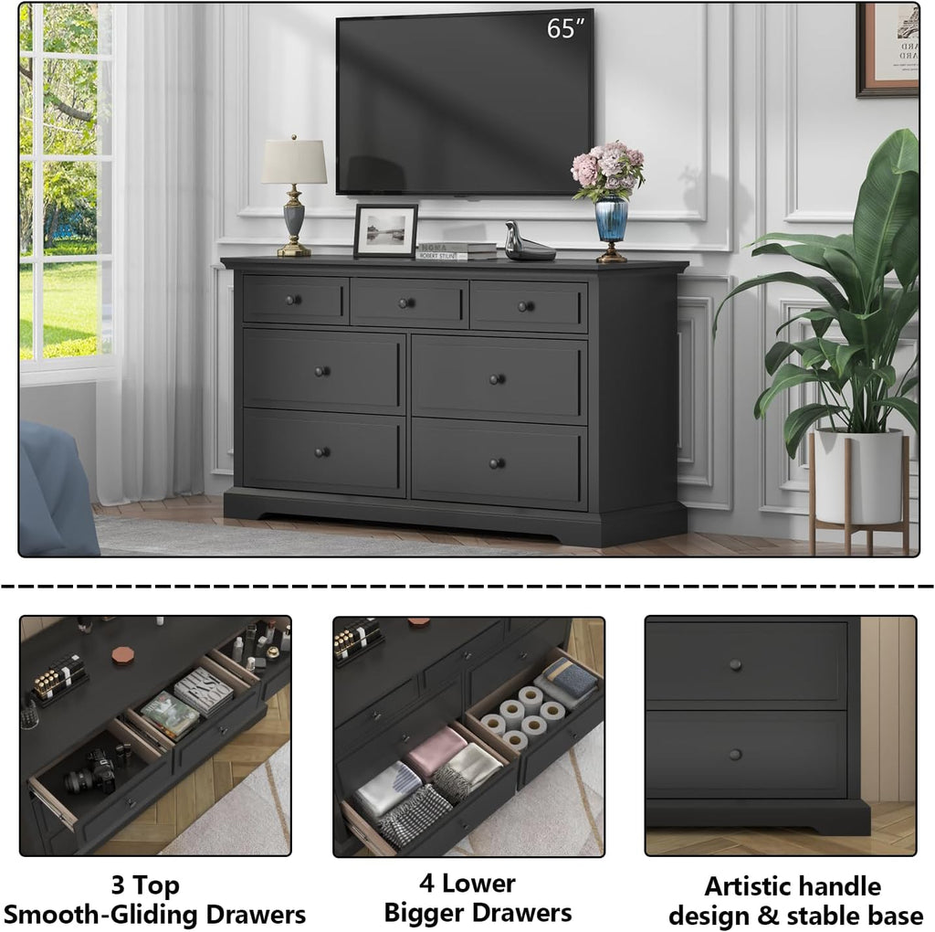 Loomie 7 Drawers Black Double Dressers Chests for Bedroom, Large Storage Dresser Organizer for Bedroom, Long Dresser Tv Stand, Vintage Solid Tall Closet Dresserss with Storage for Living Room, Hallway