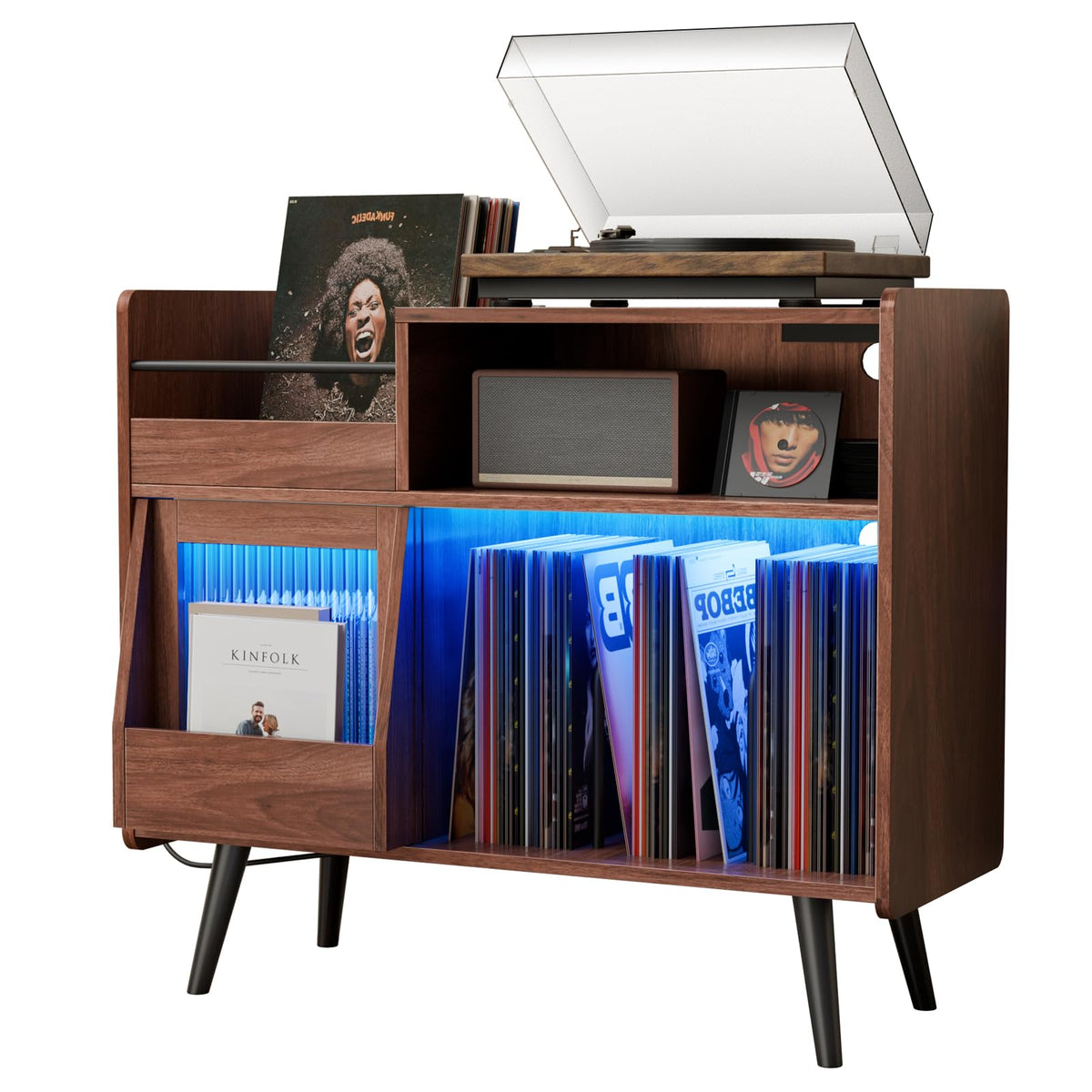 Large Record Player Stand -Turntable Stand Shelf w/Power Outlet & LED Light