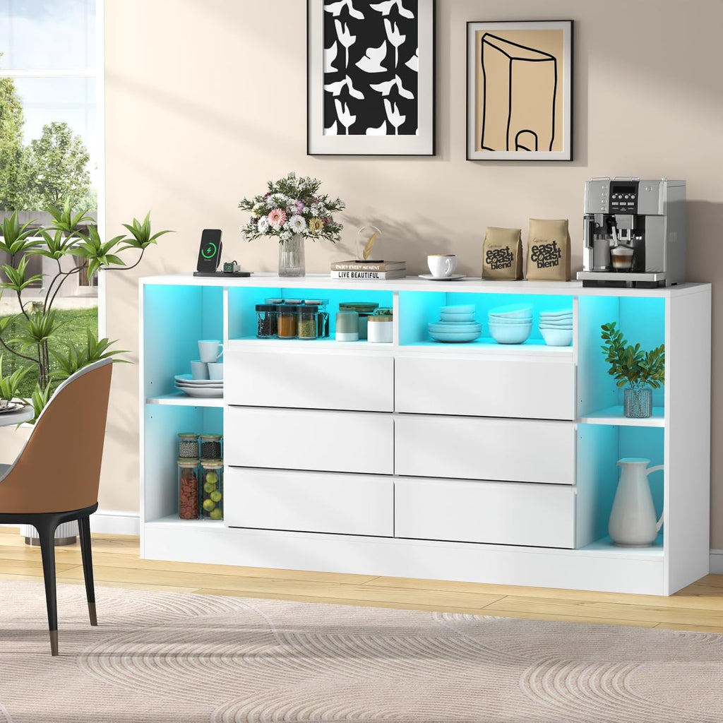 Loomie 6 Drawers Dresser with 6 Open Storage Cubbies, LED Dressers & Chests of Drawers with Power Outlet, 55" Wide Long Dresser for Bedroom, TV Stand with Open Shelf (White)