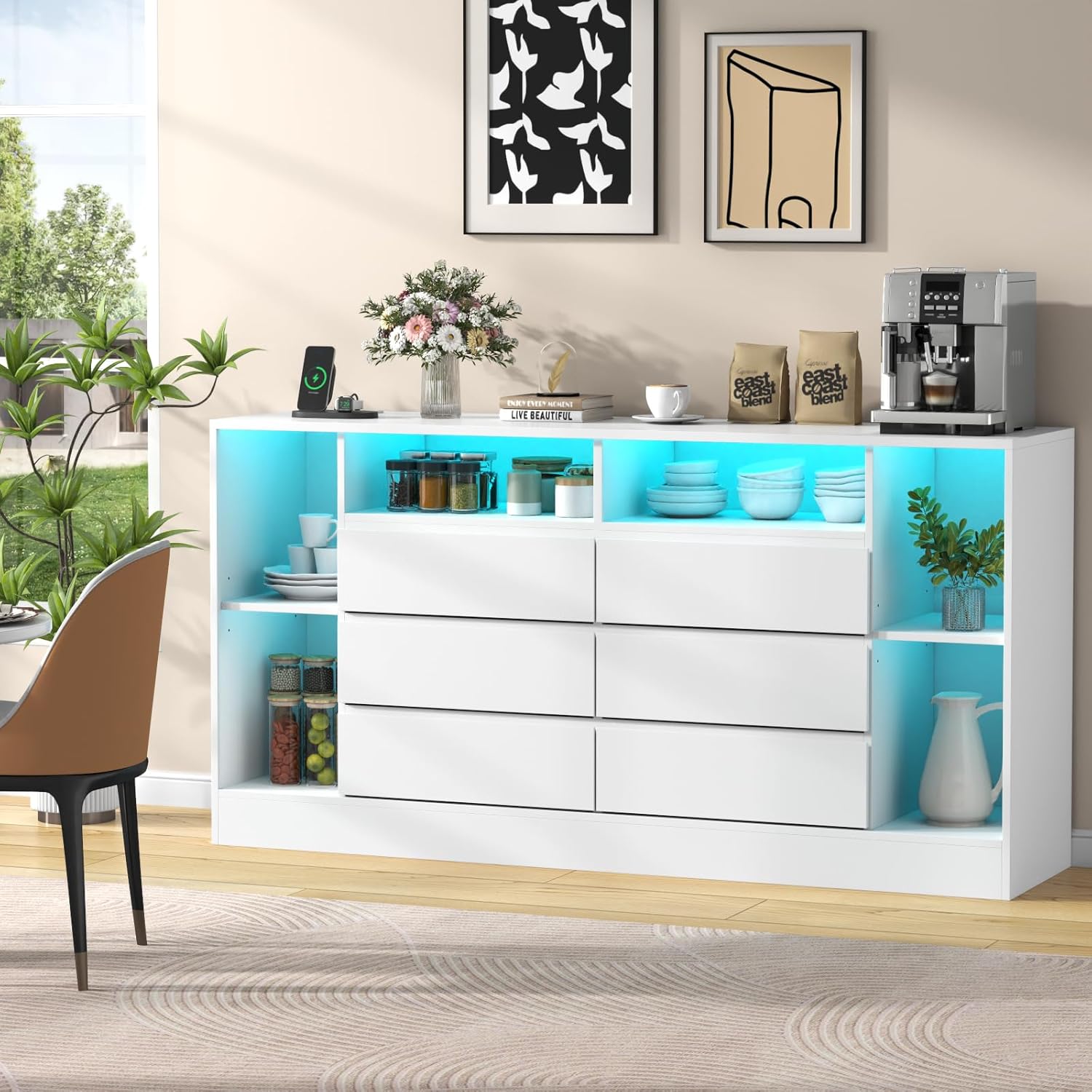 Loomie 6 Drawers Dresser with 6 Open Storage Cubbies, LED Dressers & Chests of Drawers with Power Outlet, 55" Wide Long Dresser for Bedroom, TV Stand with Open Shelf (White)
