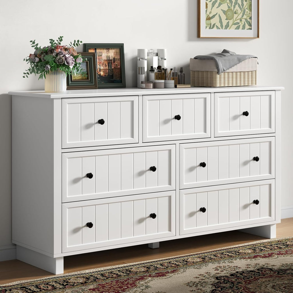 Farmhouse 7 Drawers Dresser for Bedroom, White Dresser Chest of Drawers, Wood Storage Dressers with Deep Drawers and Metal Handle, Wide Modern Dressers & TV Stand for Living Room, Closet, Hallway