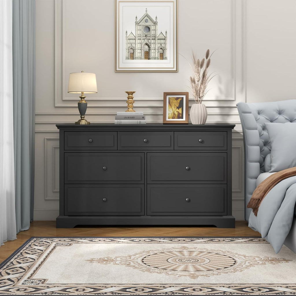 Loomie 7 Drawers Black Double Dressers Chests for Bedroom, Large Storage Dresser Organizer for Bedroom, Long Dresser Tv Stand, Vintage Solid Tall Closet Dresserss with Storage for Living Room, Hallway