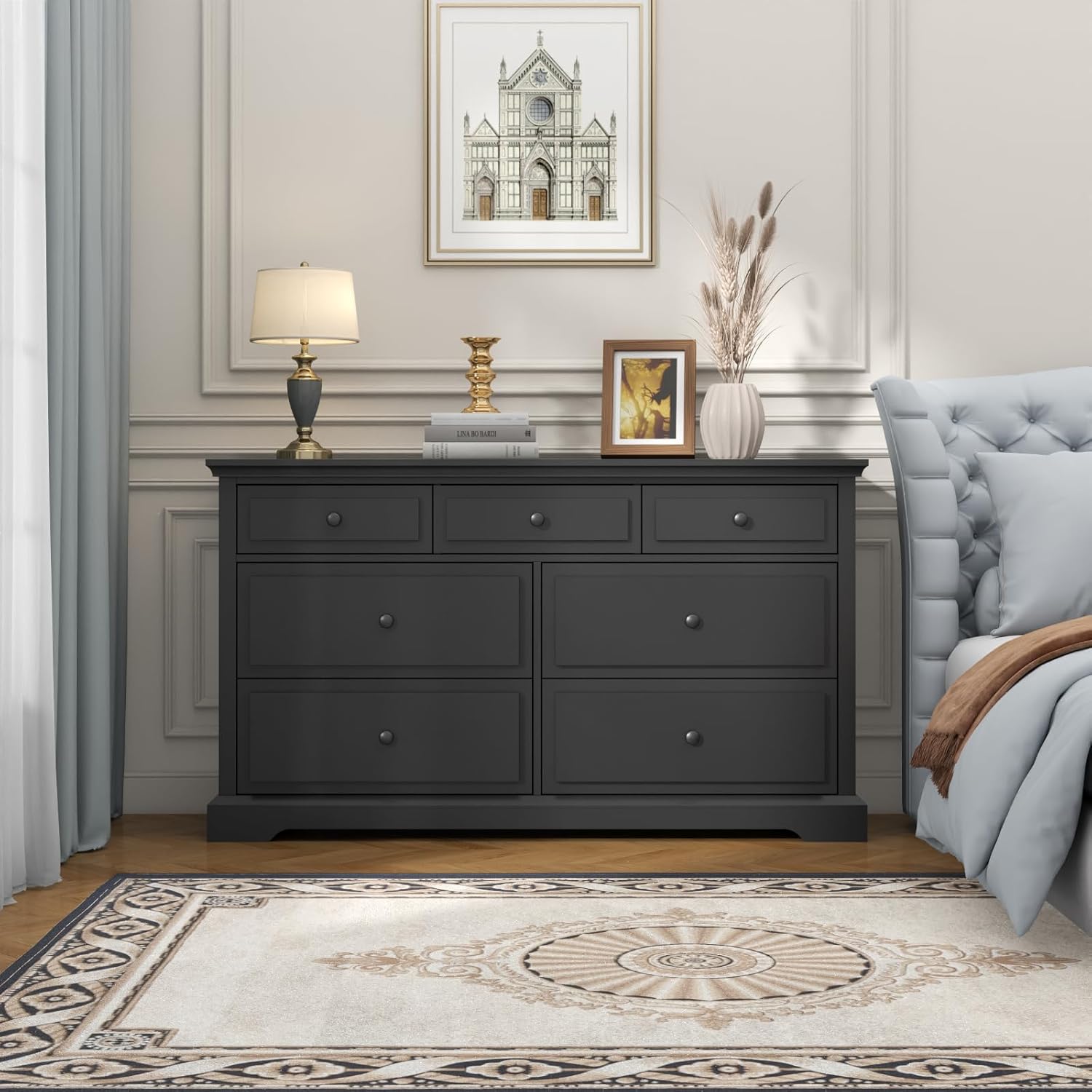 Loomie 7 Drawers Black Double Dressers Chests for Bedroom, Large Storage Dresser Organizer for Bedroom, Long Dresser Tv Stand, Vintage Solid Tall Closet Dresserss with Storage for Living Room, Hallway