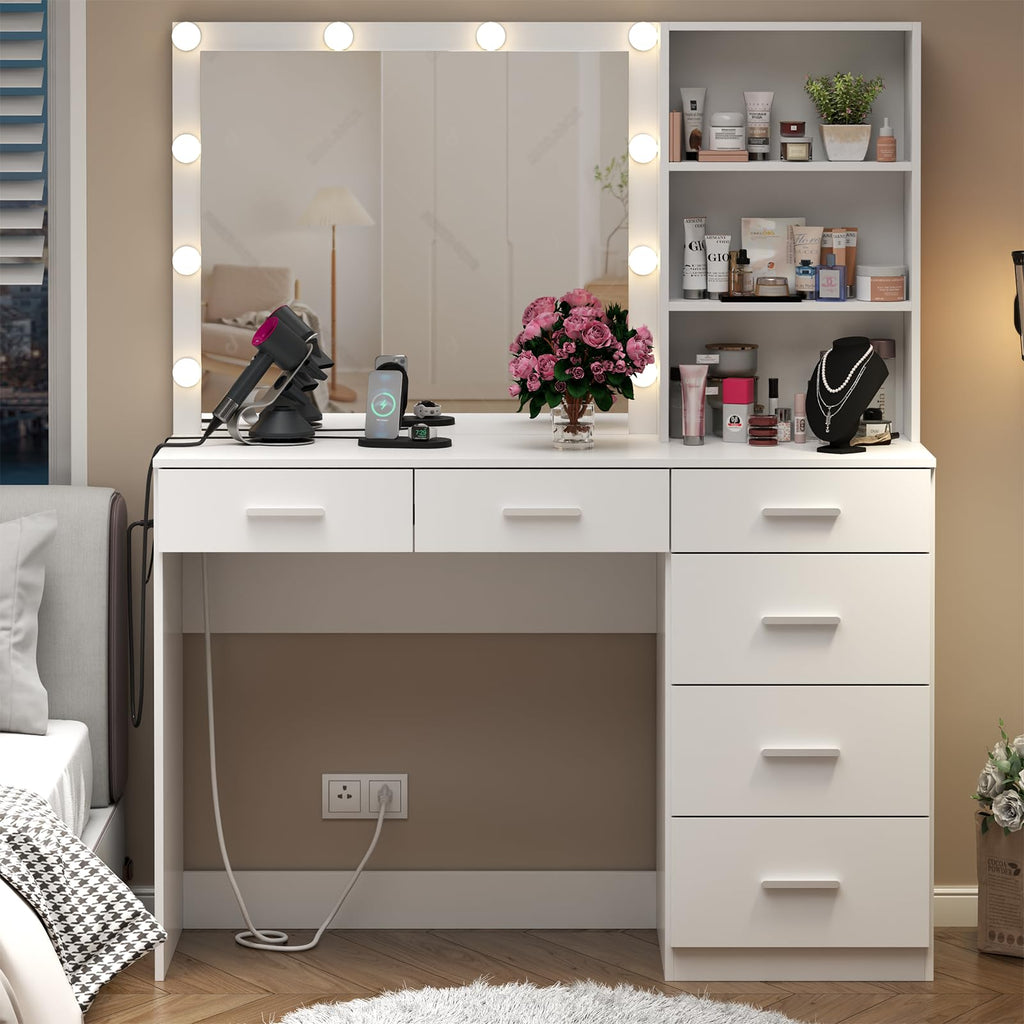 Loomie Vanity Desk with Lighted Mirror & Power Outlet, Makeup Vanity Table with 6 Drawers, 3-Tier Shelf, Vanity Dresser with 10 Lights in 3 Lighting Colors for Bathroom, Bedroom,Makeup Room, Black