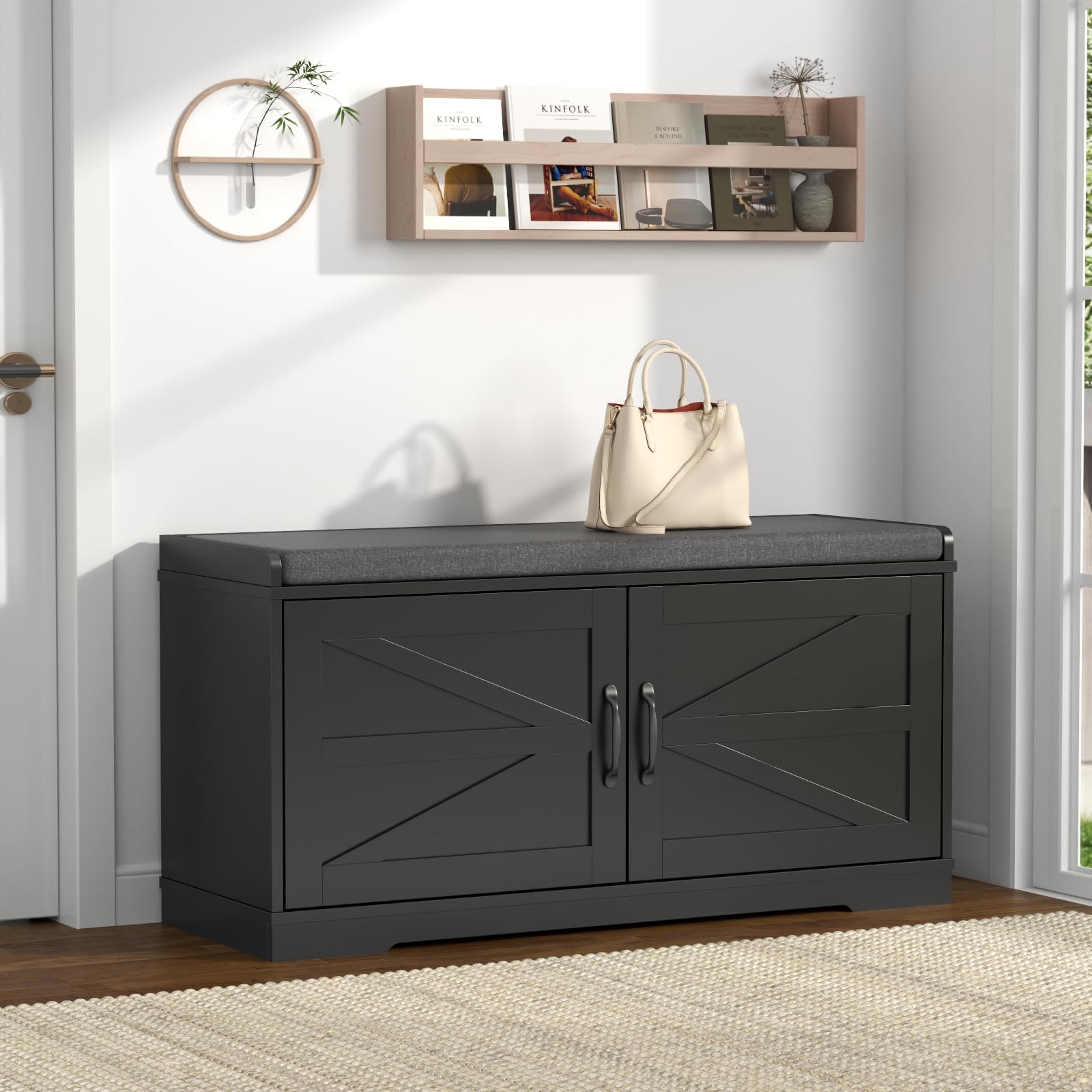 Loomie Shoe Storage Bench, 2-Tier Farmhouse Entryway Bench with Padded Seat Cushion, 13.78" D x 39.37" W x 19.69" H, Slim Shoe Cabinet Bench for Entryway, Living Room, Bedroom (White)