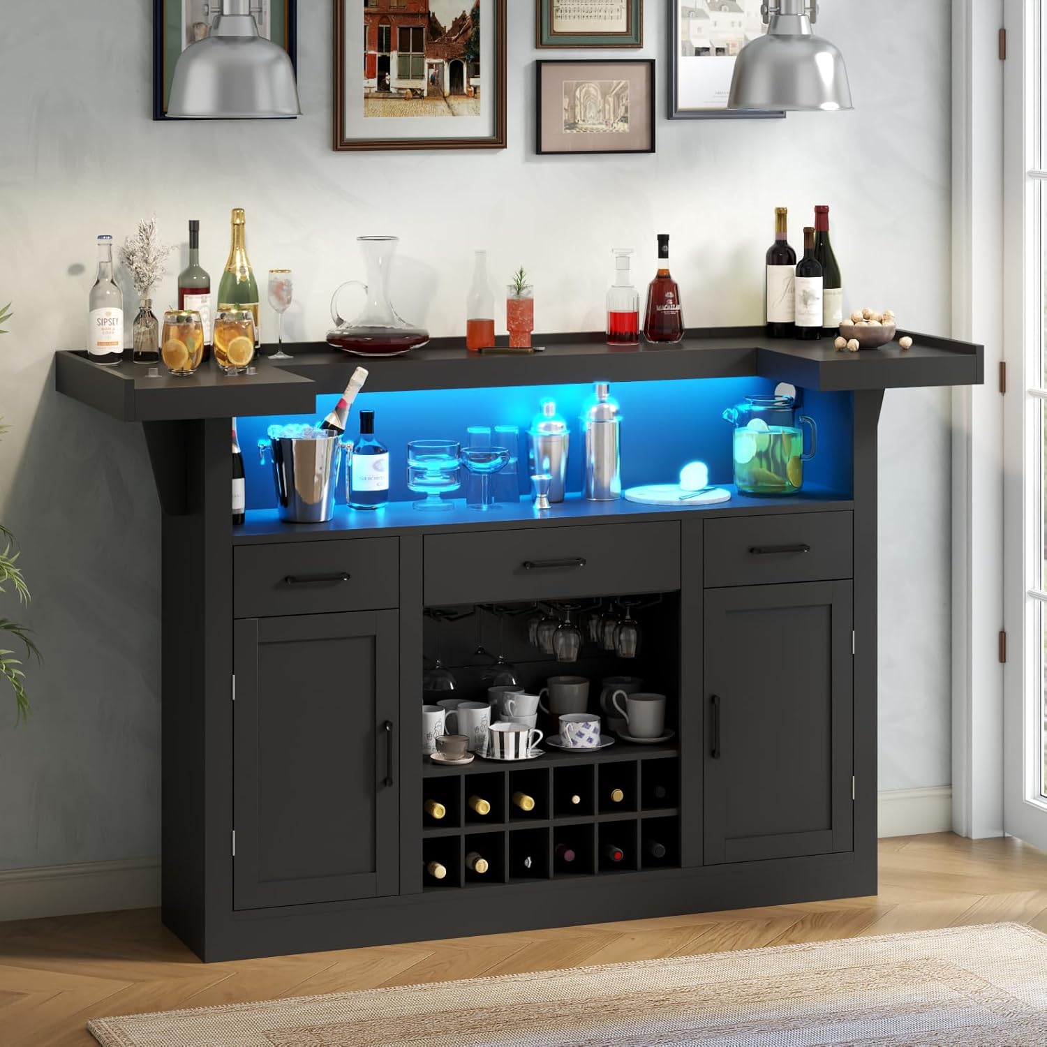 Loomie Bar Table Cabinet with LED & 3 Drawers,Liquor Bar with Adjustable Storage Shelves & Stemware Holders, Crescent Shaped Counter for Home Pub, Wine Alcohol Bar Stand with Door & Wine Rack (Black)