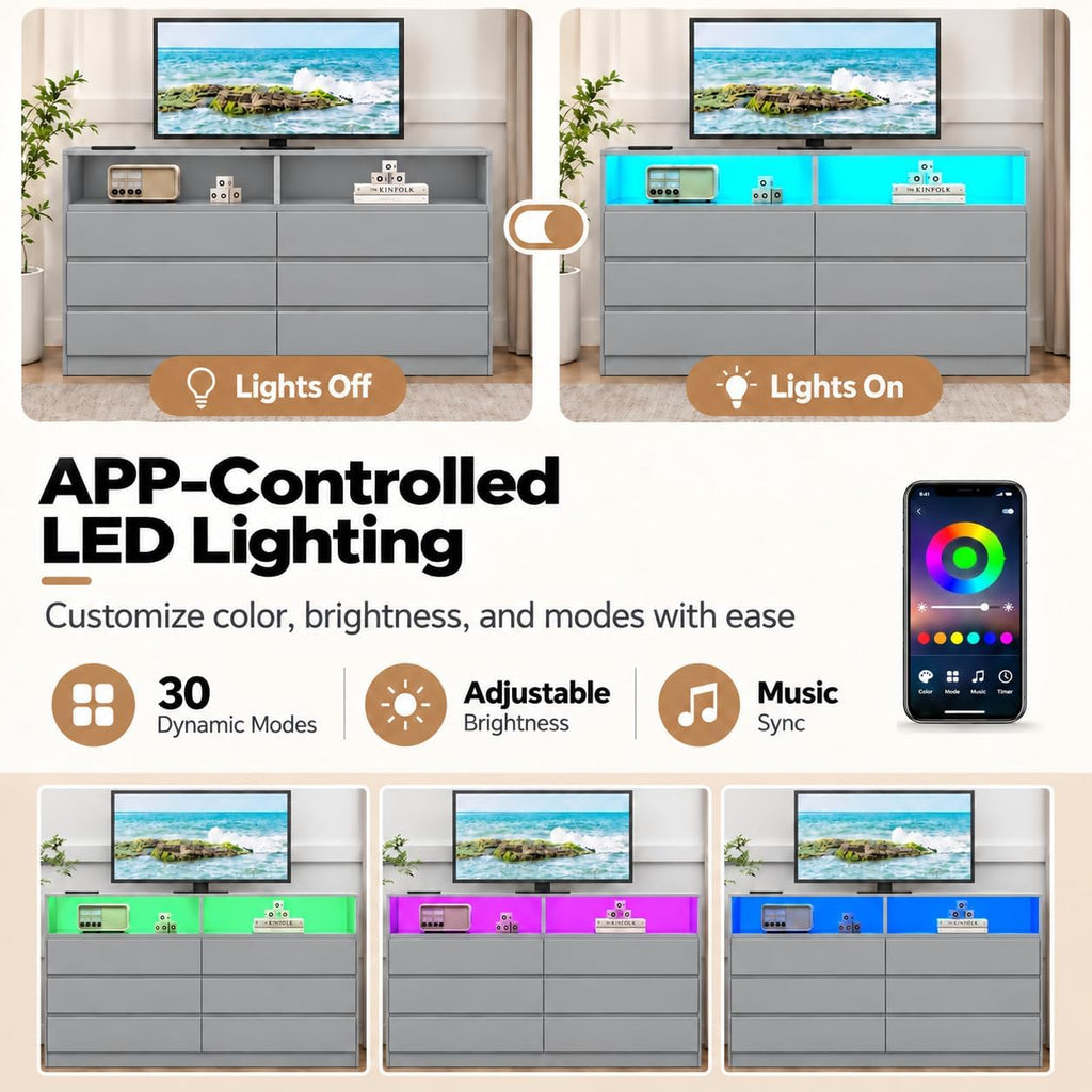 Loomie 6 Grey Drawer Dresser for Bedroom w/Charging Station & LED Lights