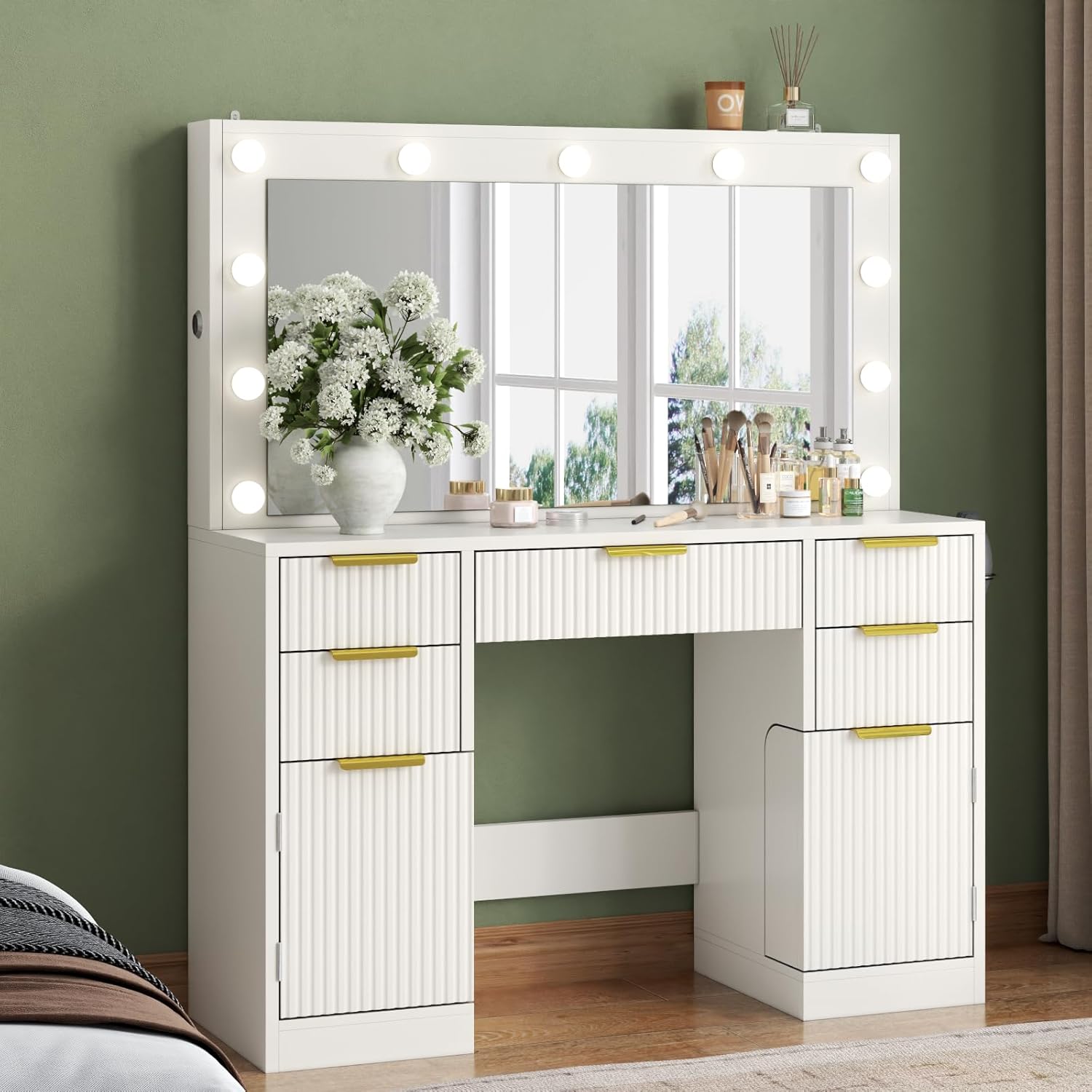 Big Fluted white Vanity Desk with 36" Mirror,11 LED Lights & Power Outlet,Large Wood Makeup Vanity Table with 2 Hidden Storage Shelf, Modern Dressing Table w/5 Drawers and 2 Cabinets for Bedroom