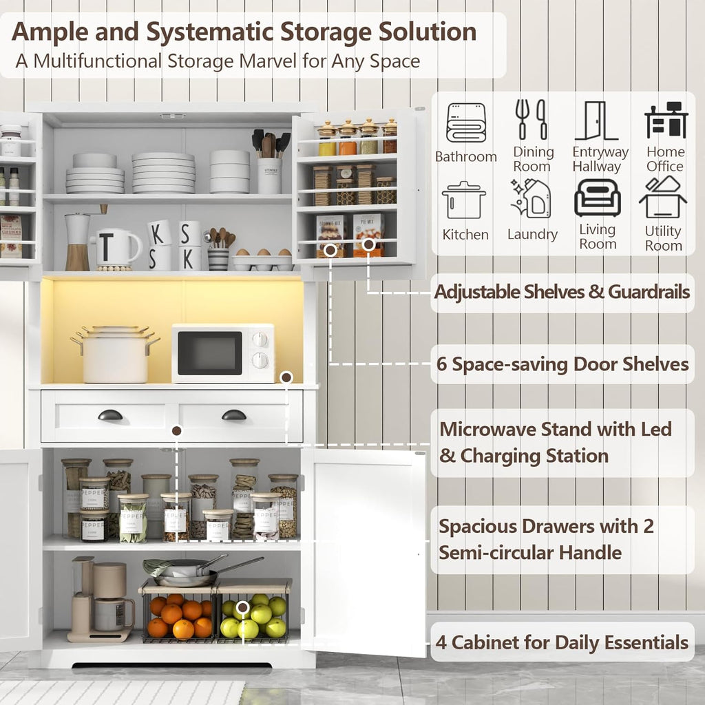 Loomie 72" Farmhouse Kitchen Pantry Cabinet With LED, Operation Table & Power Outlet, Tall Storage With Drawer, Adjustable Shelves for Dining Room (White)