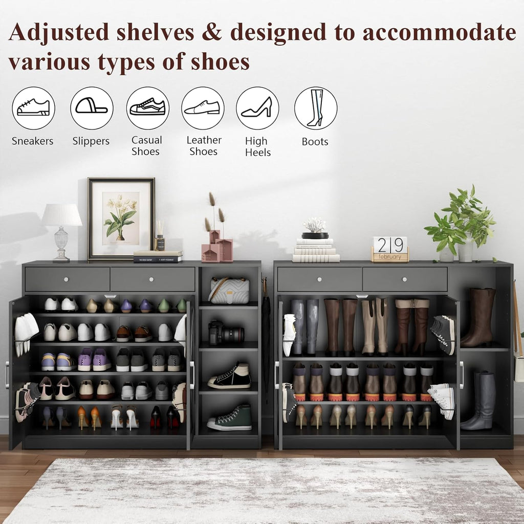 Loomie 5-Tier Shoe Cabinet with 4 Side Cubbies, Farmhouse Shoe Rack Cabinet with 6 Adjustable Shelves & 2 Drawers, Freestanding Shoe Storage Cabinet with 4 Brackets & 2 Hooks for Entryway (Black)