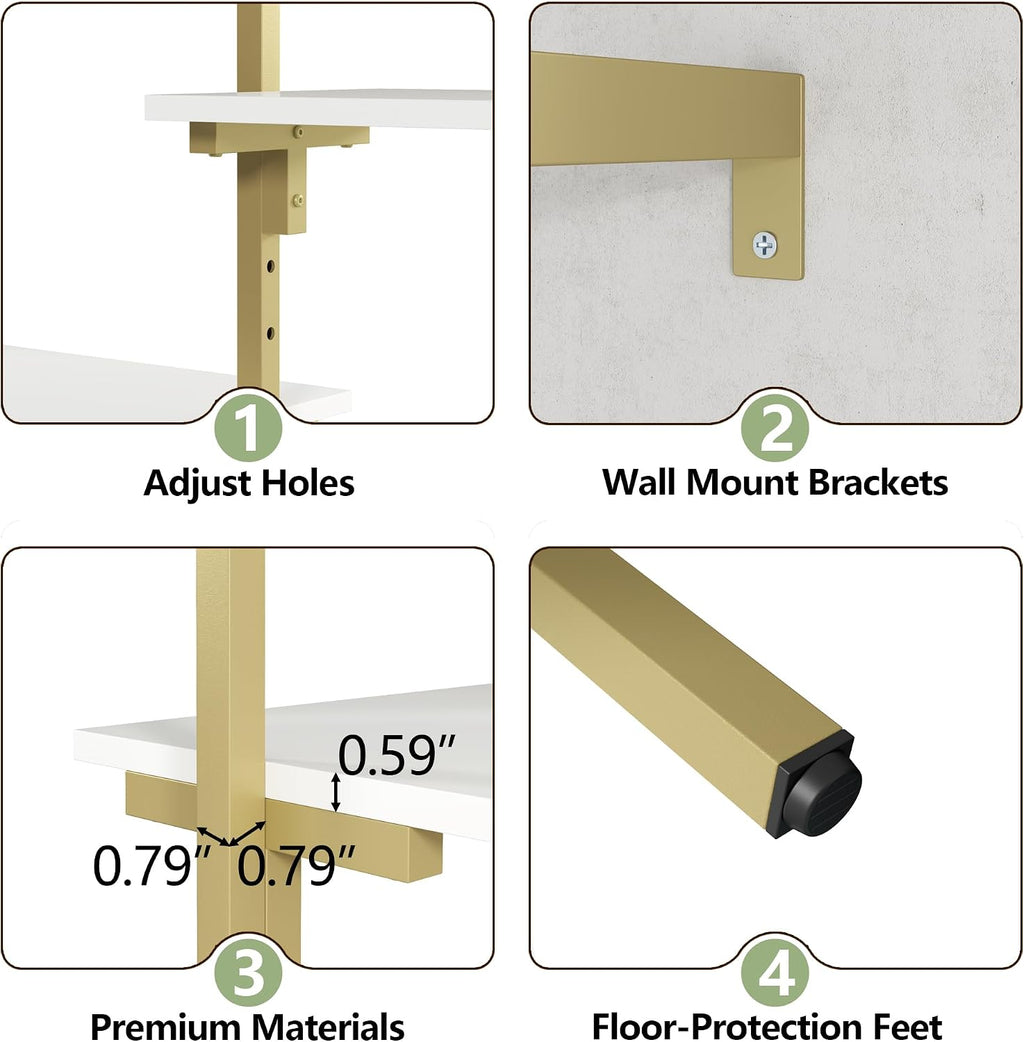 Loomie 79" Wall-Mounted Clothes Rack with Adjustable Shelf, Gold Clothing Rack with 5 Metal Hanging Rods and 6-Tier Shelves, Heavy-Duty Garment Rack Closet Organizer System in Wardrobe Closet