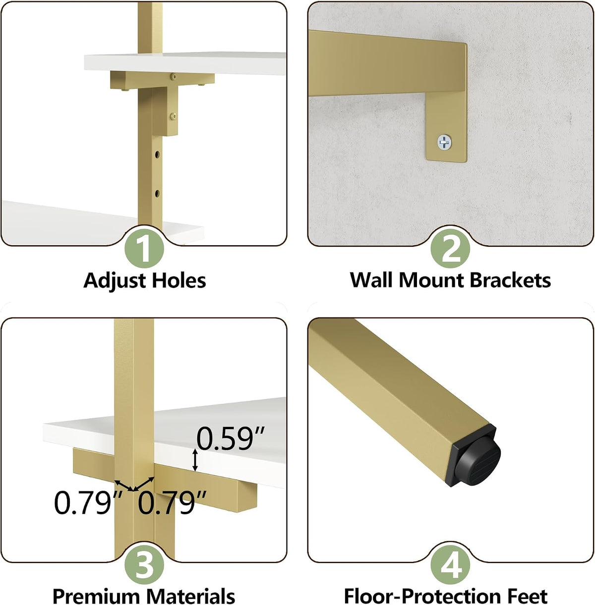 White/Gold Wall Mount Clothes Rack with 5 Hanging Rods, 6 Storage Shelves