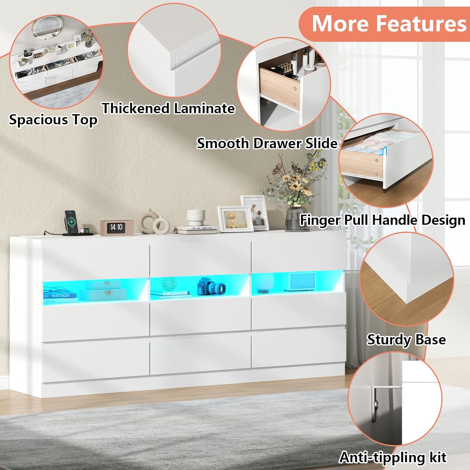 Loomie 9 Drawer Triple Dresser with Charging Station & Led Lights for Bedroom,Long 63" White Dresser TV Stand for TVs up to 75",Wide Large Drawer Dressers Organizer with 3 Open Cubbies for Hallway