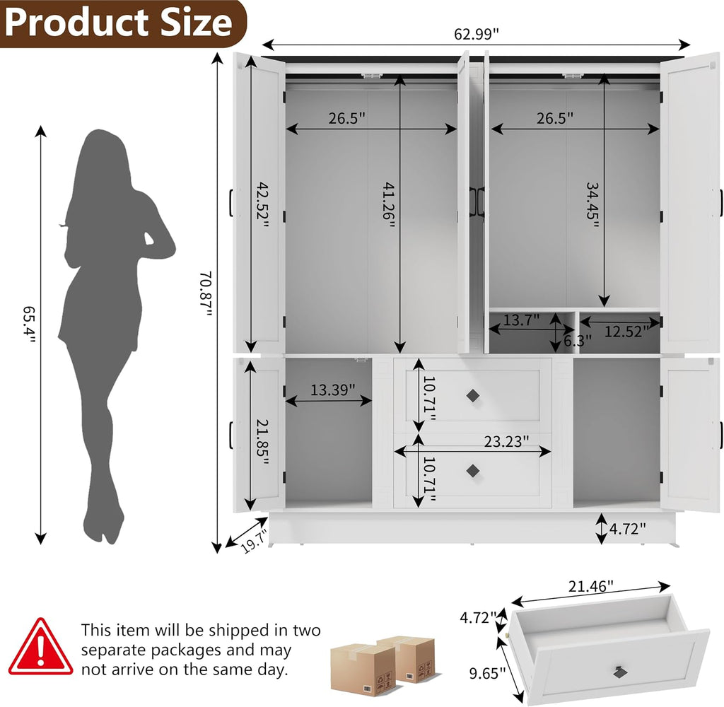 Loomie 71" H White Wooden Armoire Wardrobe Closet with 6 Doors, LED lisght