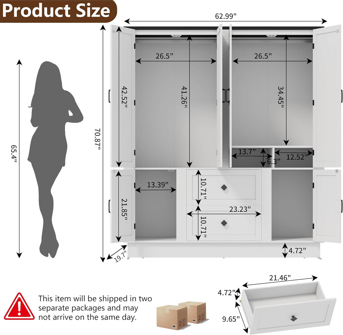 Loomie 71" H White Wooden Armoire Wardrobe Closet with 6 Doors, LED lisght