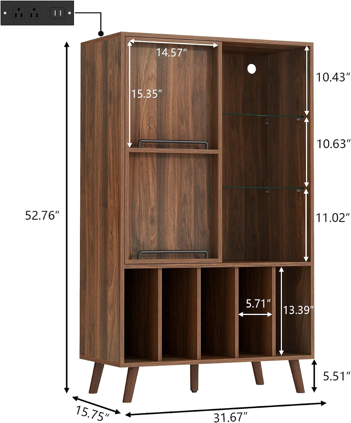 Large Record Player Stand w/Power Outlet & LED Lights, Holds Up 350+ Albums