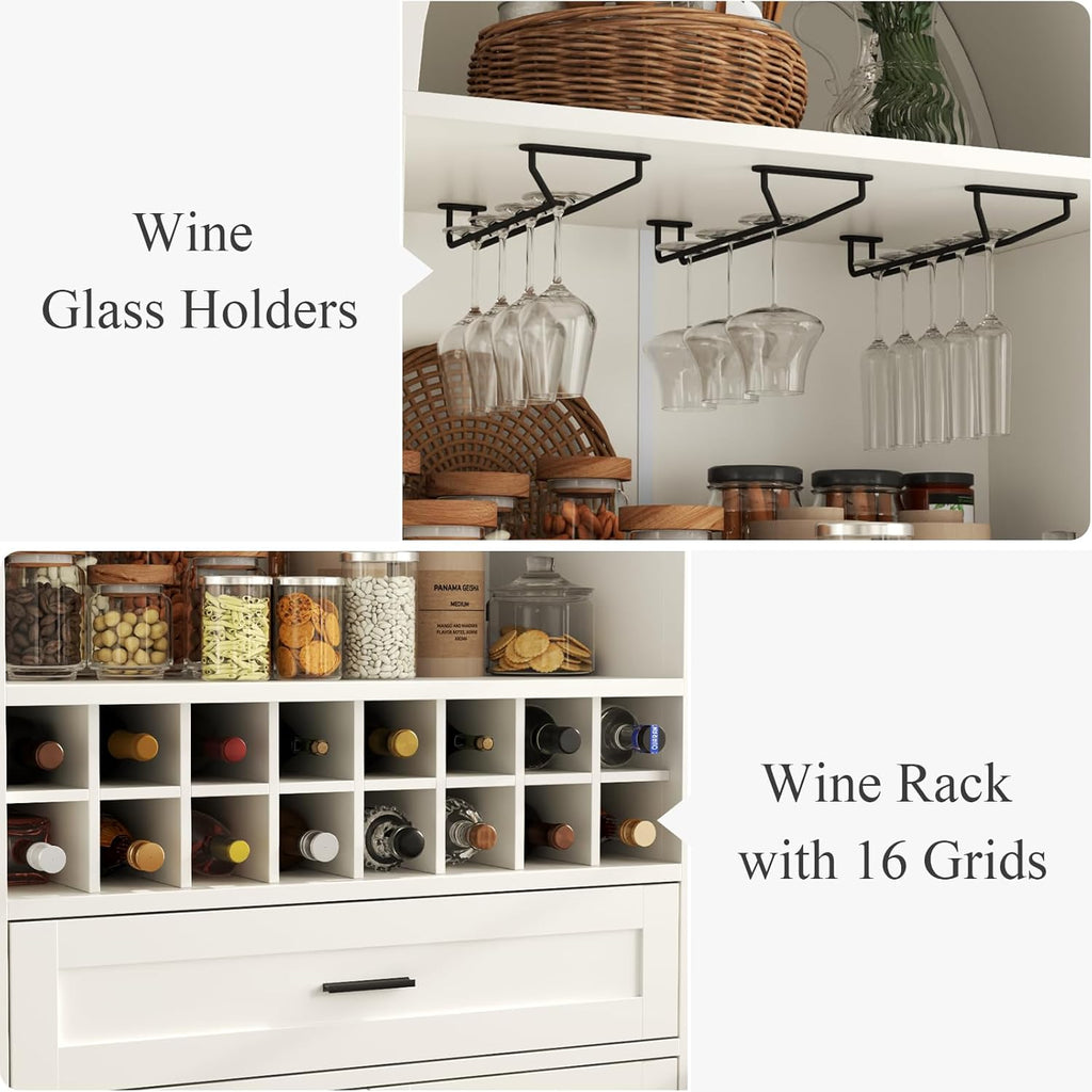 75.7" Tall Arched Wine Bar Cabinet, Bar Cabinets with Glass Holders & Wine Rack, Liquor Cabinet for Home, Kitchen Pantry W/Drawer & Shelves, Versatile Cupboard for Dining Room (White)