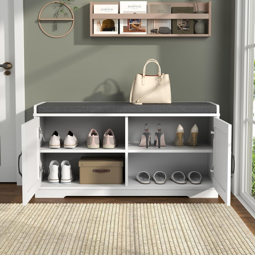 Loomie Shoe Storage Bench, 2-Tier Farmhouse Entryway Bench with Padded Seat Cushion, 13.78" D x 39.37" W x 19.69" H, Slim Shoe Cabinet Bench for Entryway, Living Room, Bedroom (White)