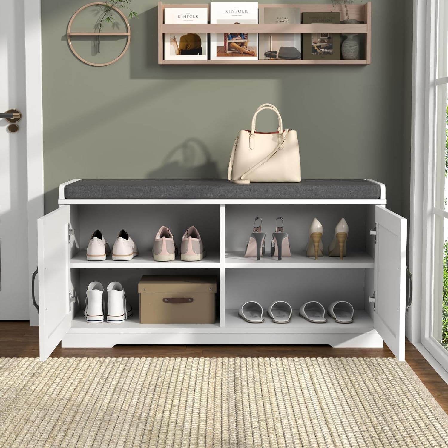 Loomie Shoe Storage Bench, 2-Tier Farmhouse Entryway Bench with Padded Seat Cushion, 13.78" D x 39.37" W x 19.69" H, Slim Shoe Cabinet Bench for Entryway, Living Room, Bedroom (White)