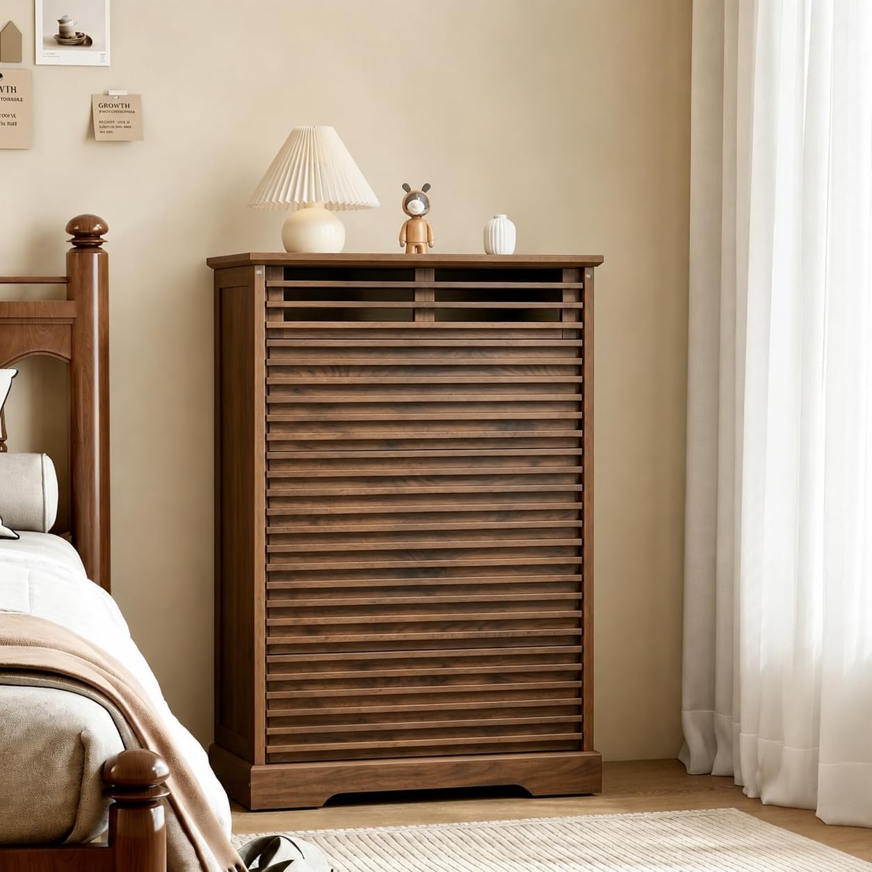 Loomie Farmhouse 5 Drawer Dresser, 46'' Tall Dresser with LED Light, Chest of Drawers with Grille Design & Sturdy Base, Vertical Wood Dresser for Living Room, Apartment, Entryway