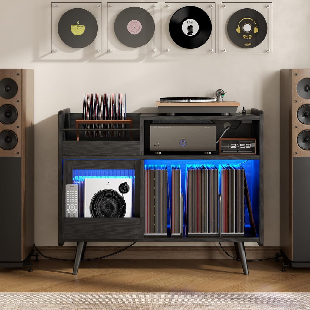 Loomie Large Black Record Player Stand Turntable Stand Shelf with with Power Outlet and LED Light,Vinyl Record Storage Cabinet Up to 350 Albums,Wood Record Player Holder Table for Living Room